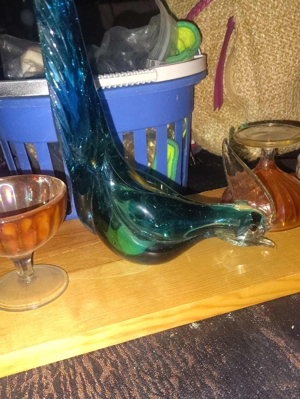 Teal Hand-Blown Glass Bird Sculpture - Decorative Home Art